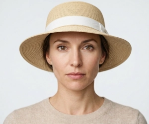 Woman with heart shaped face wearing a sun hat