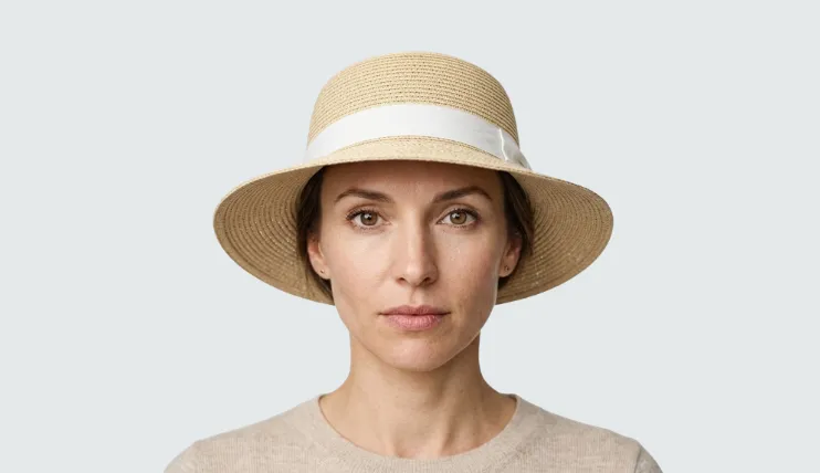 A woman with a heart-shaped face wearing a wide-brim straw sun hat.