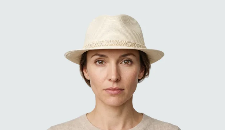 A woman with a heart-shaped face wearing a cream snap brim straw fedora.