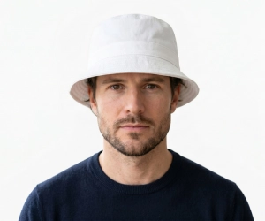 Man with square face wearing a white bucket hat