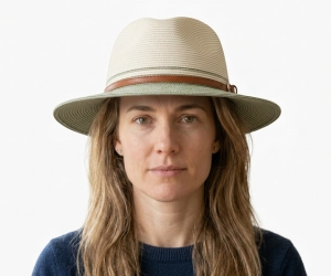 Woman with heart shaped face wearing a fedora hat