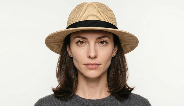 Home 7 Woman with inverted triangle face shape wearing a beige medium-brim Panama hat with black band, showing how a structured brim balances a narrow chin