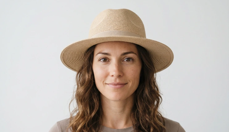Home 8 A woman with an oblong face shape wearing a tan straw fedora hat against a plain white background.