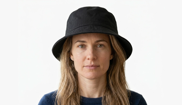 Woman with a square face shape wearing a bucket hat on a plain background