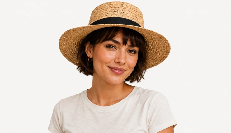 Woman with short bob hair wearing a straw sun hat, one of the best summer hats for short hair