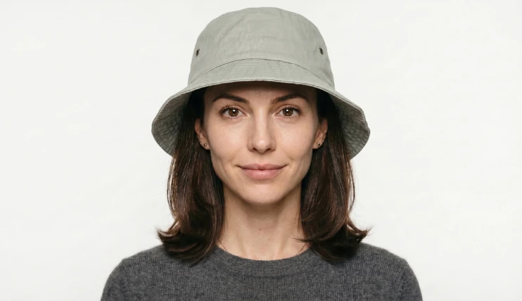 Best Hats for Inverted Triangle Face Shape That Actually Work 10 Woman with inverted triangle face shape wearing a light grey bucket hat