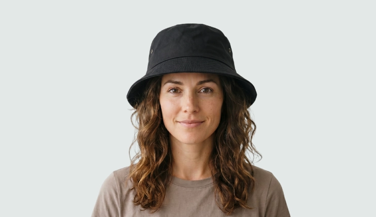 Woman with oblong face wearing black bucket hat