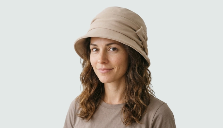 Woman with oblong face wearing beige cloche hat