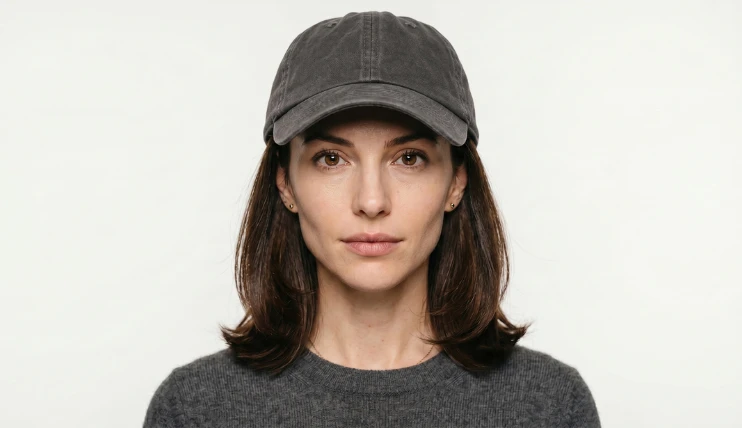 Best Hats for Inverted Triangle Face Shape That Actually Work 12 Woman with inverted triangle face shape wearing a dark grey dad hat