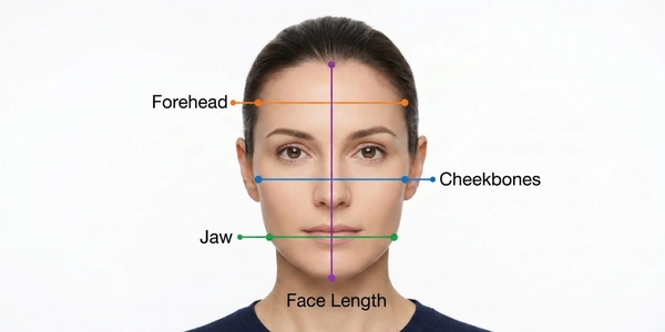 Hat Tools 1 Woman's face with forehead, cheekbone, jaw, and face length measurement lines for face shape calculator
