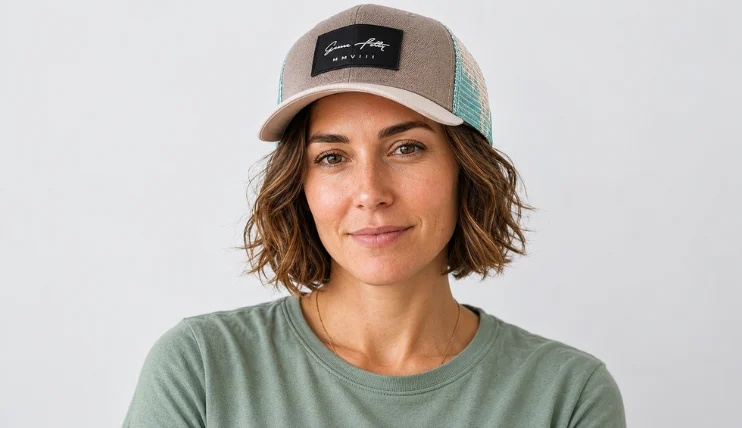 Best Summer Hats for Women With Short Hair 9 Woman with short hair wearing a Grace Folly beach trucker hat