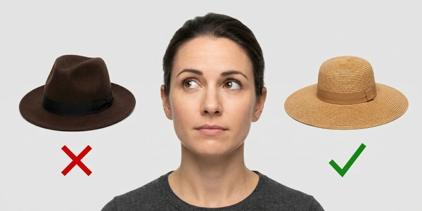 Hat Tools 4 Woman choosing between two hats with red cross on wrong hat and green checkmark on right hat for hat face shape checker tool