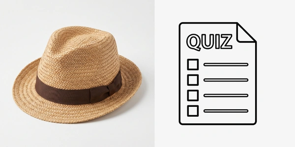 Hat Tools 6 SStraw fedora hat next to a quiz checklist for finding your perfect hat style and match
