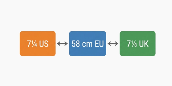 Hat Tools 3 Hat size conversion chart showing 7 and a quarter US equals 58 cm EU equals 7 and an eighth UK