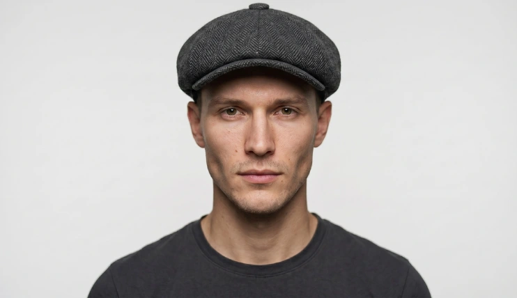 Best Hats for Inverted Triangle Face Shape That Actually Work 13 Man with inverted triangle face shape wearing a dark grey herringbone newsboy cap