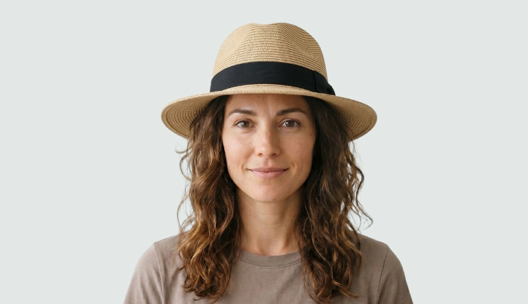 Woman with oblong face wearing panama straw hat with black band