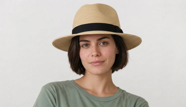 Best Summer Hats for Women With Short Hair 10 Woman with short hair wearing a Pineapple and Star straw fedora hat