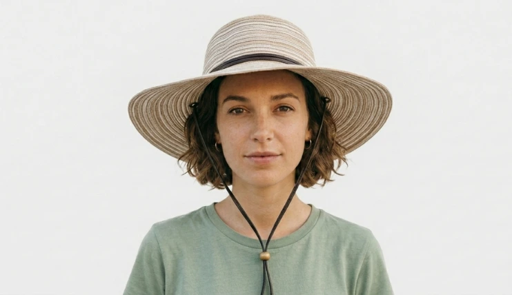 Best Summer Hats for Women With Short Hair 8 Woman with short hair wearing a Sloggers wide brim sun hat with wind lanyard