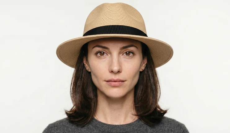 Best Hats for Inverted Triangle Face Shape That Actually Work 11 Woman with inverted triangle face shape wearing a straw Fedora hat