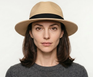 Best Hats for Inverted Triangle Face Shape That Actually Work 4 straw fedora hat worn by woman with inverted triangle face shape for comparison