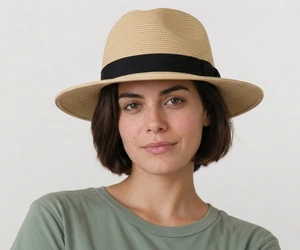 Best Summer Hats for Women With Short Hair 5 Woman with short hair wearing a straw fedora hat