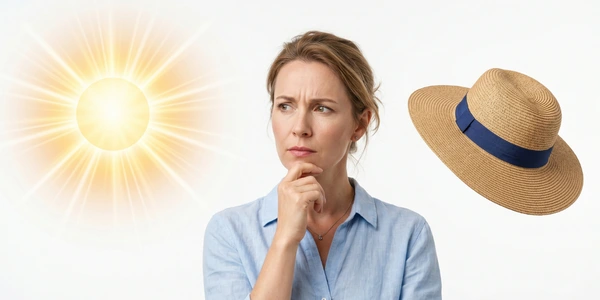Hat Tools 5 Woman confused about sun protection with bright sun and wide brim hat for sun protection hat recommender tool