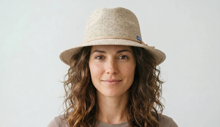 Woman with oblong face wearing Victoria Fedora straw hat