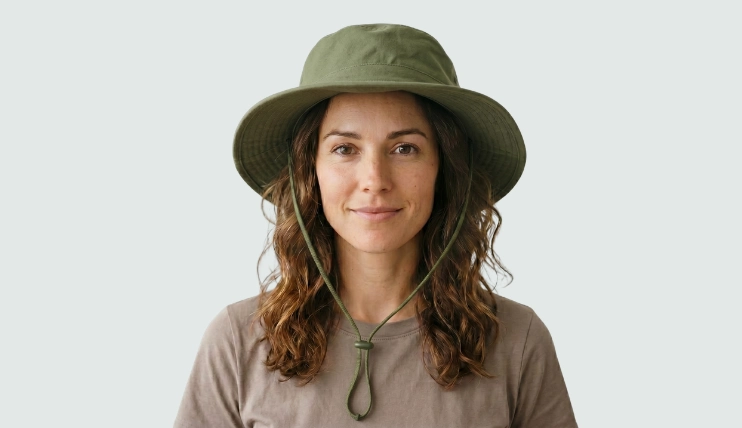 Woman with oblong face wearing wide brim sun hat with chin strap