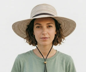 Best Summer Hats for Women With Short Hair 3 Woman with short hair wearing a wide brim sun hat