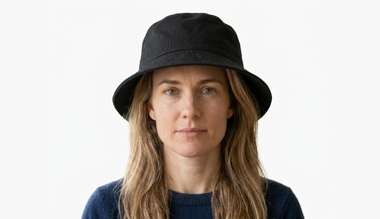Women with square face shape wearing a black bucket hat on a plain background