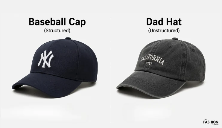 Side-by-side comparison of a structured baseball cap and a soft dad hat