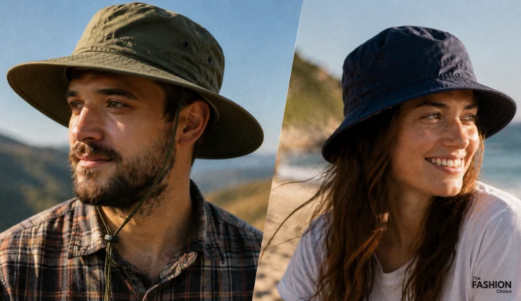 Man wearing an olive green boonie hat on a hiking trail and woman wearing a navy blue bucket hat at the beach