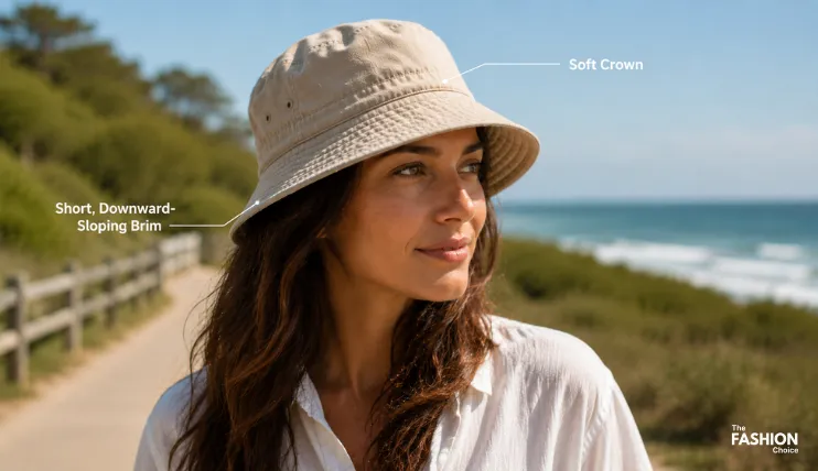 Bucket hat showing a soft crown and short, downward-sloping brim, the two main features of a bucket hat.