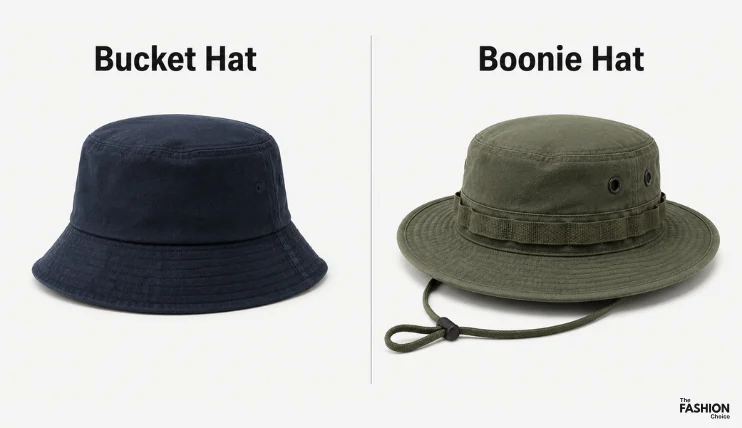Side-by-side comparison of a bucket hat and boonie hat showing their different brim shapes and features
