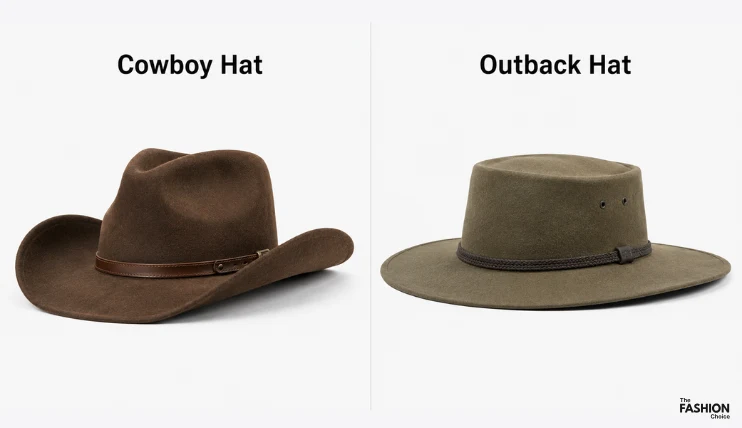 Side-by-side comparison of a cowboy hat and outback hat showing their different crown and brim shapes