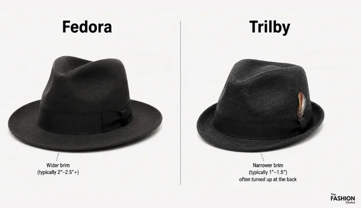 Side-by-side comparison of a fedora and trilby hat showing the difference in brim width and crown shape