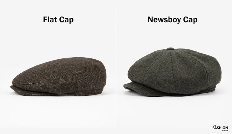 Side-by-side comparison of a flat cap and newsboy cap showing the difference in crown shape