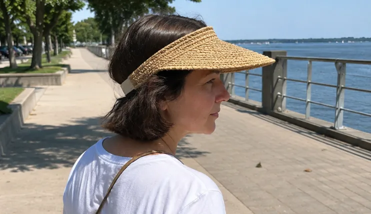 Woman with short hair wearing a straw sun visor on a sunny walk