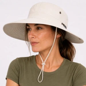 Woman wearing FURTALK Sun Hat with wide brim and chin strap for UPF 50+ sun protection