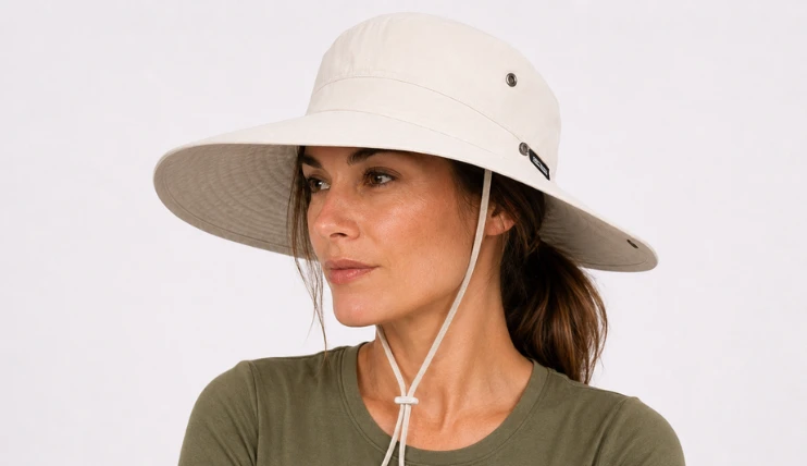 Best UPF Hats for Women (2026) 12 Woman wearing FURTALK Sun Hat with wide brim and chin strap for UPF 50+ sun protection