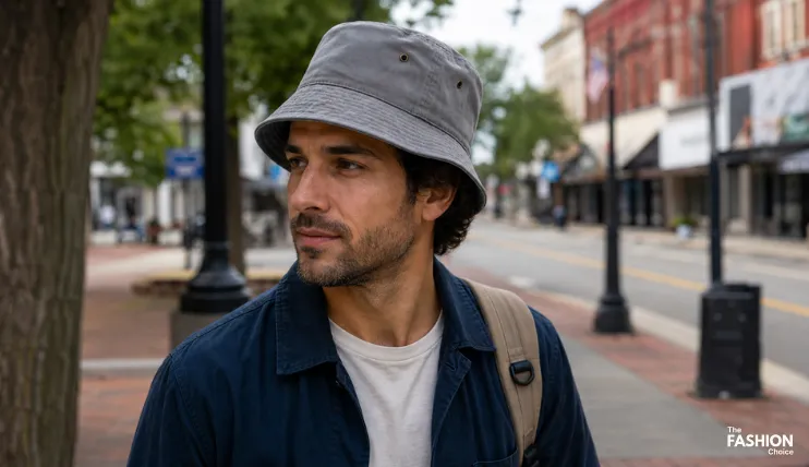 Man wearing Gelante grey cotton bucket hat on a city street with a backpack