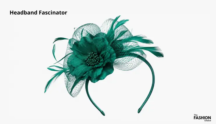 Emerald green headband fascinator with silk flower, netting, and feathers attached to a slim green headband, showing the headband fascinator type
