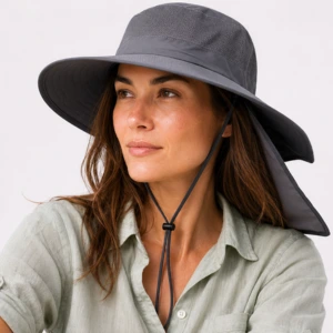 Woman wearing Home Prefer Outdoor Sun Hat with wide brim and neck flap for UPF 50+ sun protection