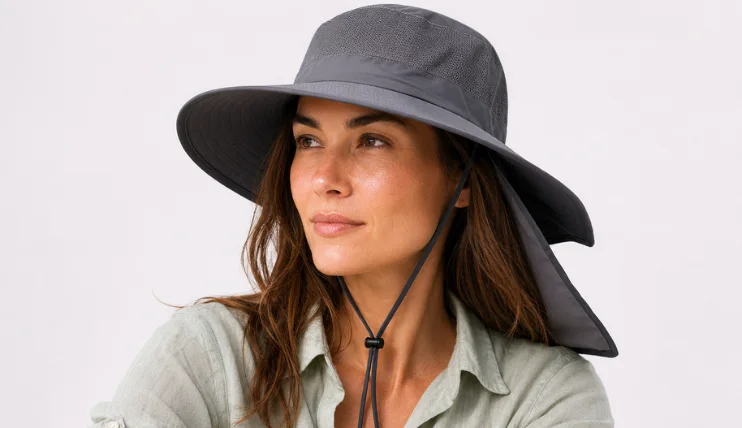 Best UPF Hats for Women (2026) 11 Woman wearing Home Prefer Outdoor Sun Hat with wide brim and neck flap for UPF 50+ sun protection