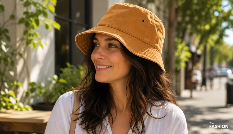 Woman wearing KBETHOS caramel tan cotton bucket hat on a casual sunny street