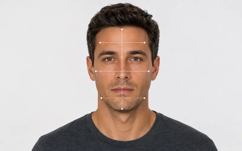 Home 1 Official face shape measurements showing forehead, cheekbones, jawline, and face length.