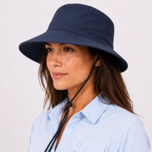 Woman wearing SHINCHIC navy blue water-resistant sun hat with adjustable chin strap