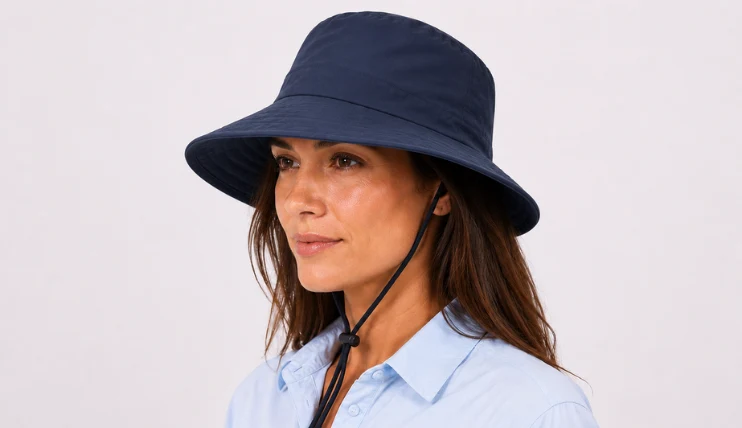 Best UPF Hats for Women (2026) 14 Woman wearing SHINCHIC Water-Resistant Sun Hat with wide brim and chin strap for UPF 50+ sun protection