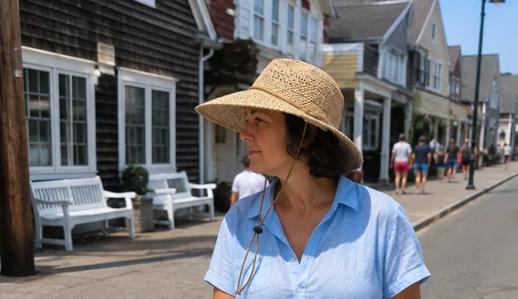 Woman with short hair wearing a wide-brim sun hat while walking on vacation