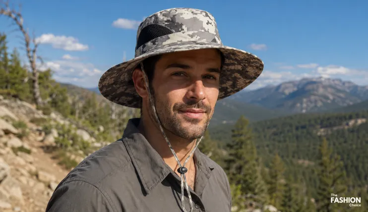 Man wearing SUN CUBE boonie hat with camo pattern outdoors with mountains and trees in the background